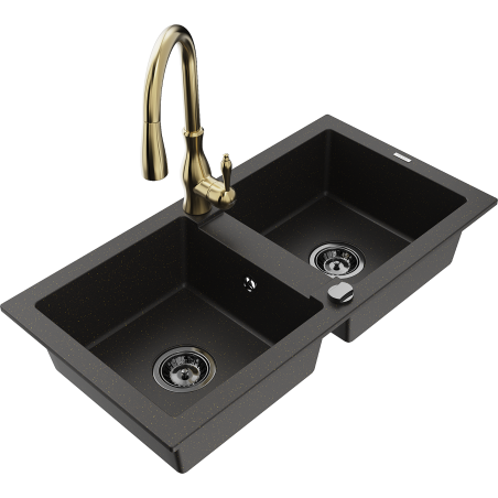Mexen Mario granite double-bowl kitchen sink with Savita faucet, black/golden metallic - 6504-75-672601-50-B