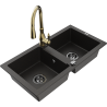 Mexen Mario 2-compartment granite sink with Savita kitchen faucet, black/gold metallic - 6504-75-672601-50-B