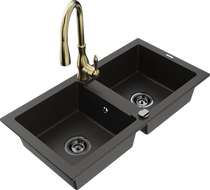 Mexen Mario 2-compartment granite sink with a kitchen mixer tap Savita, Black/Gold metallic - 6504-75-672601-50-B