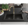 Mexen Mario granite double-bowl kitchen sink with Savita faucet, black/golden metallic - 6504-75-672601-50-B