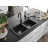 Mexen Mario 2-bowl granite sink with Savita kitchen faucet, black/gold metallic - 6504-75-672601-70