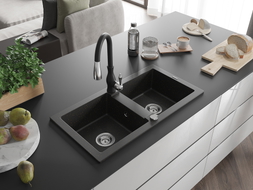 Mexen Mario 2-bowl granite sink with kitchen faucet Savita, black/gold metallic - 6504-75-672601-70