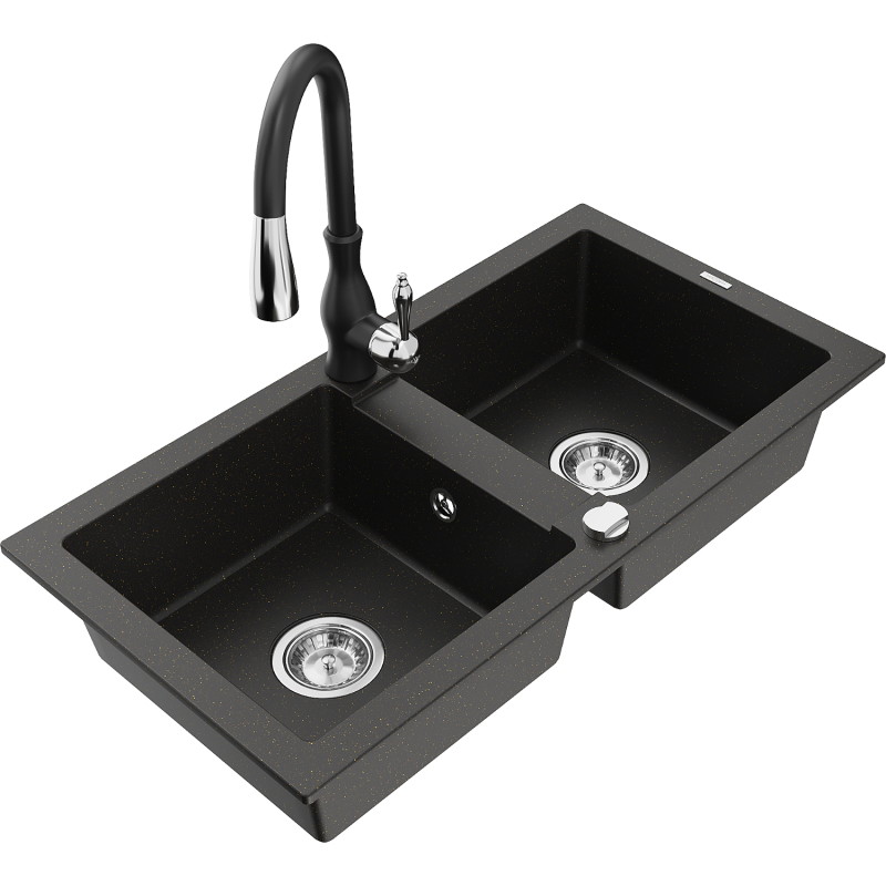 Mexen Mario 2-bowl granite sink with kitchen faucet Savita, black/gold metallic - 6504-75-672601-70