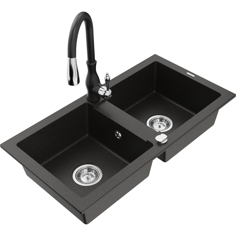 Mexen Mario 2-compartment granite sink with a kitchen mixer tap Savita, Black/Gold metallic - 6504-75-672601-70
