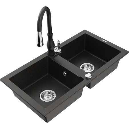 Mexen Mario 2-compartment granite sink with a kitchen mixer tap Savita, Black/Gold metallic - 6504-75-672601-70