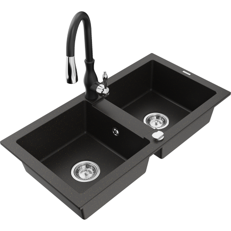 Mexen Mario granite sink 2-chamber with Savita kitchen tap, black/gold metallic - 6504-75-672601-70