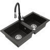 Mexen Mario 2-bowl granite sink with Savita kitchen faucet, black/gold metallic - 6504-75-672601-70