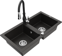 Mexen Mario 2-bowl granite sink with kitchen faucet Savita, black/gold metallic - 6504-75-672601-70
