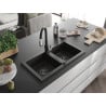 Mexen Mario granite kitchen sink 2-bowl with Savita kitchen tap, black/golden metallic - 6504-75-672601-70-B