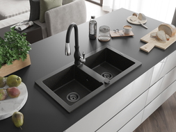 Mexen Mario 2-chamber granite sink with Savita kitchen faucet, black/gold metallic - 6504-75-672601-70-B