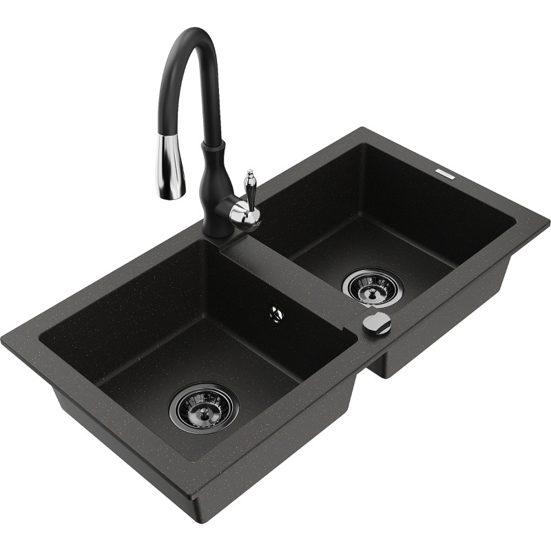Mexen Mario 2-bowl granite sink with Savita kitchen faucet, black/gold metallic - 6504-75-672601-70-B