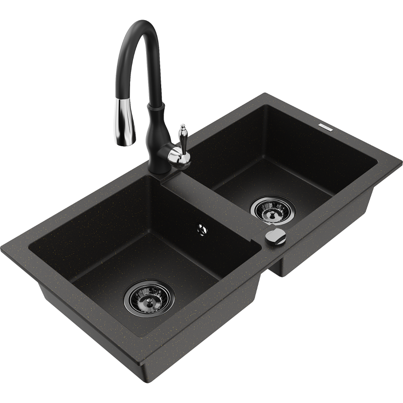 Mexen Mario granite kitchen sink 2-bowl with Savita kitchen tap, black/golden metallic - 6504-75-672601-70-B