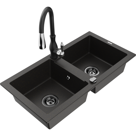 Mexen Mario 2-bowl granite sink with Savita kitchen faucet, black/gold metallic - 6504-75-672601-70-B