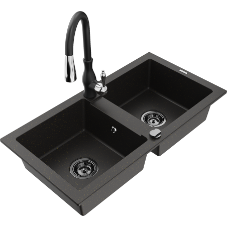 Mexen Mario granite kitchen sink 2-bowl with Savita kitchen tap, black/golden metallic - 6504-75-672601-70-B