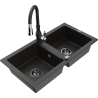 Mexen Mario 2-bowl granite sink with Savita kitchen faucet, black/gold metallic - 6504-75-672601-70-B