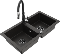 Mexen Mario granite kitchen sink 2-bowl with Savita kitchen tap, black/golden metallic - 6504-75-672601-70-B