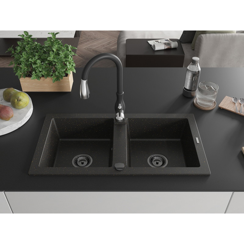 Mexen Mario 2-bowl granite sink with Savita kitchen faucet, black/gold metallic - 6504-75-672601-70-B