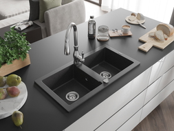 Mexen Mario granite double-bowl kitchen sink with Savita faucet, speckled black - 6504-76-672601-00