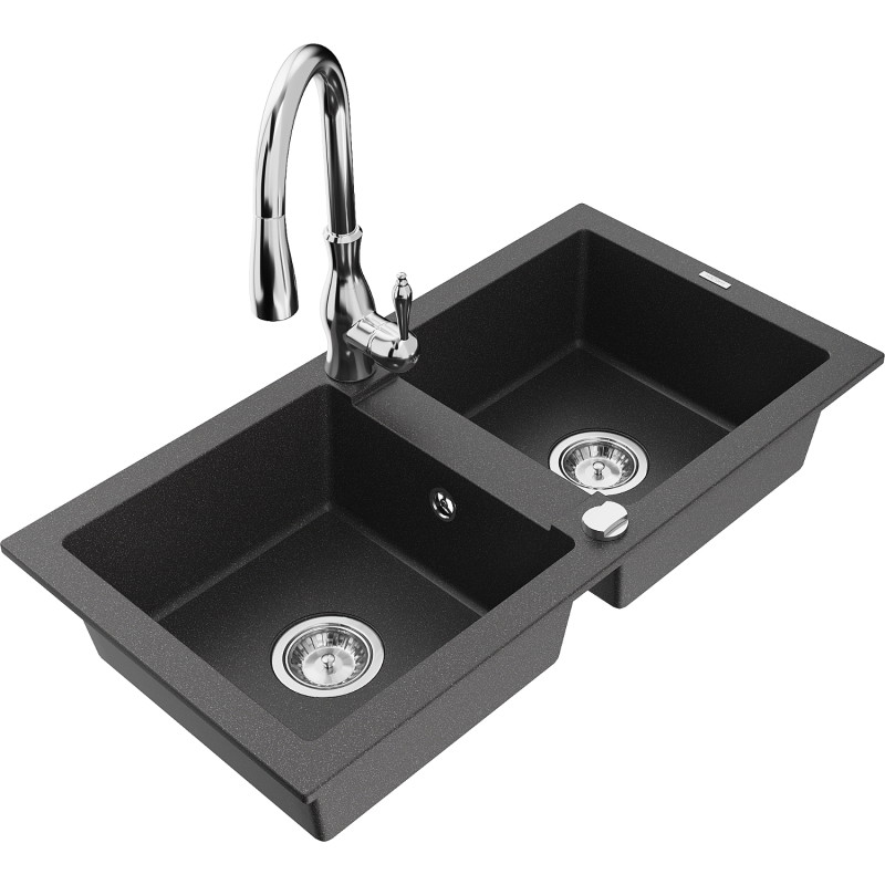 Mexen Mario 2-Bowl Granite Kitchen Sink with Savita Faucet, Black Speckled - 6504-76-672601-00
