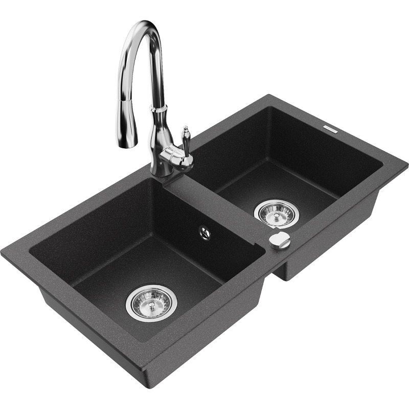Mexen Mario 2-compartment granite sink with a kitchen mixer tap Savita, spotted black - 6504-76-672601-00