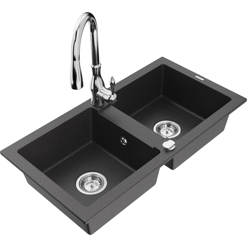 Mexen Mario granite sink 2-bowl with Savita kitchen tap, black spotted - 6504-76-672601-00
