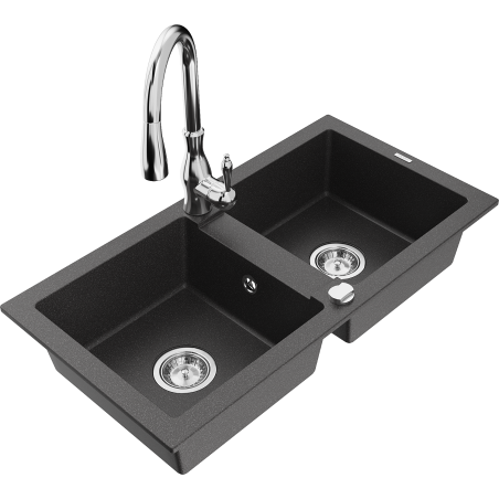 Mexen Mario 2-compartment granite sink with a kitchen mixer tap Savita, spotted black - 6504-76-672601-00