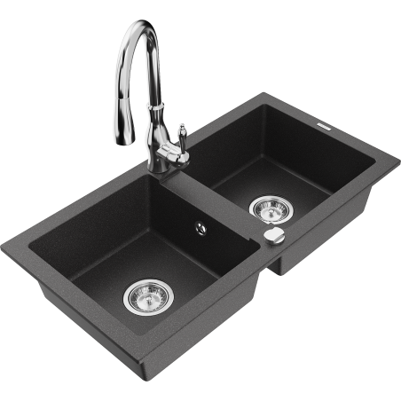 Mexen Mario granite sink 2-bowl with Savita kitchen tap, black spotted - 6504-76-672601-00