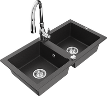 Mexen Mario granite double-bowl kitchen sink with Savita faucet, speckled black - 6504-76-672601-00