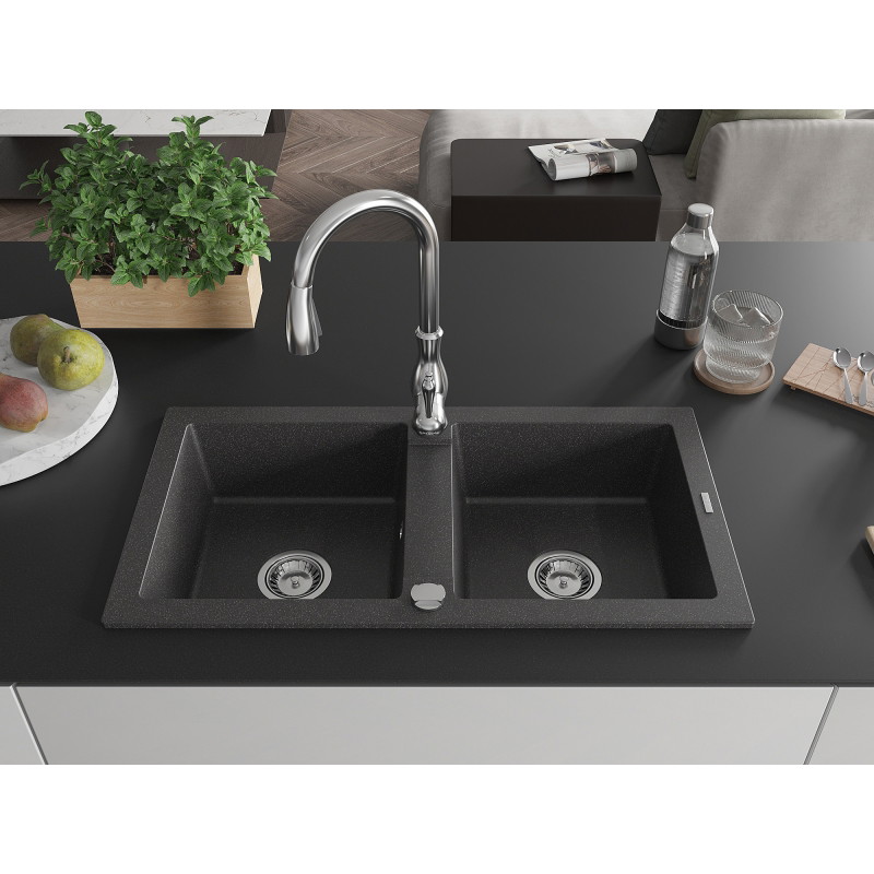Mexen Mario 2-Bowl Granite Kitchen Sink with Savita Faucet, Black Speckled - 6504-76-672601-00