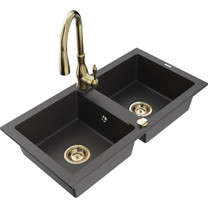 Mexen Mario 2-bowl granite sink with Savita kitchen tap, black speckled - 6504-76-672601-50