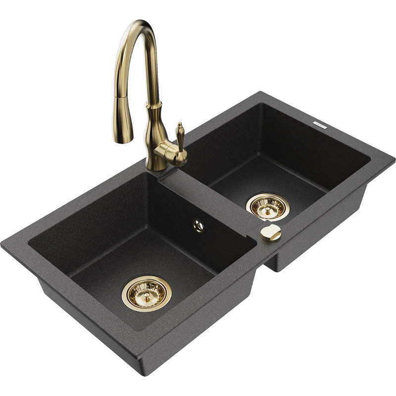 Mexen Mario granite double-bowl sink with Savita kitchen faucet, speckled black - 6504-76-672601-50