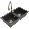 Mexen Mario granite double-bowl sink with Savita kitchen faucet, speckled black - 6504-76-672601-50