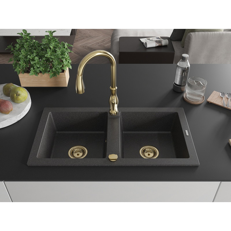 Mexen Mario granite double-bowl sink with Savita kitchen faucet, speckled black - 6504-76-672601-50