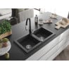 Mexen Mario granite kitchen sink, 2-bowl with Savita kitchen faucet, black speckled - 6504-76-672601-70