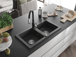 Mexen Mario granite kitchen sink, 2-bowl with Savita kitchen faucet, black speckled - 6504-76-672601-70
