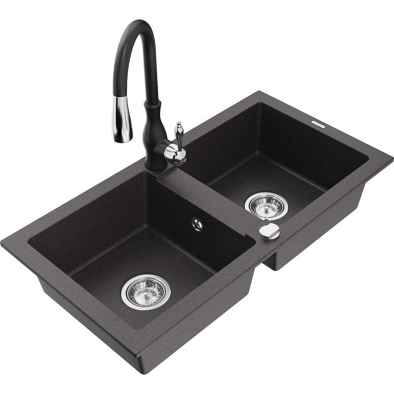 Mexen Mario 2-compartment granite sink with a kitchen mixer tap Savita, spotted black - 6504-76-672601-70