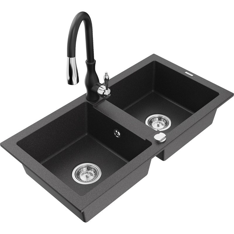 Mexen Mario granite kitchen sink, 2-bowl with Savita kitchen faucet, black speckled - 6504-76-672601-70