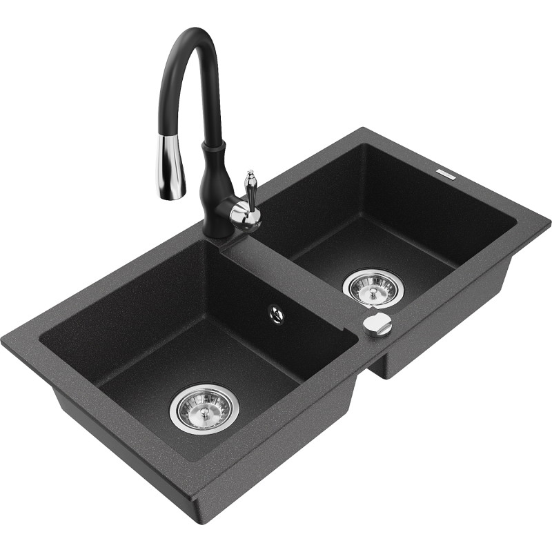 Mexen Mario granite sink 2-chamber with Savita kitchen faucet, black speckled - 6504-76-672601-70