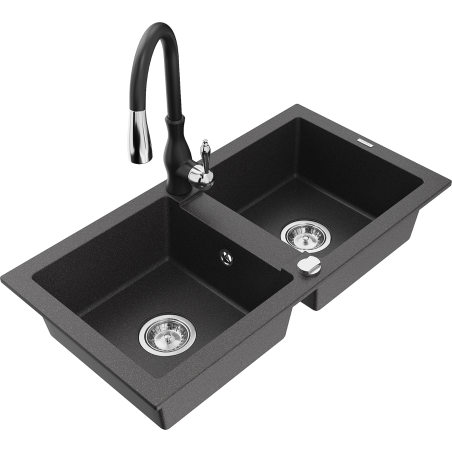 Mexen Mario 2-Bowl Granite Sink with Savita Kitchen Faucet, Speckled Black - 6504-76-672601-70