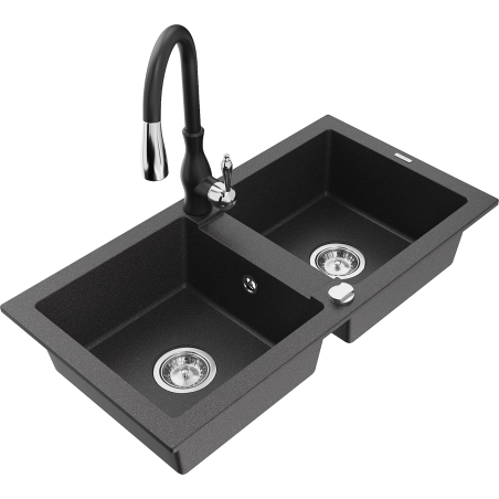Mexen Mario granite kitchen sink, 2-bowl with Savita kitchen faucet, black speckled - 6504-76-672601-70