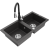 Mexen Mario granite kitchen sink, 2-bowl with Savita kitchen faucet, black speckled - 6504-76-672601-70