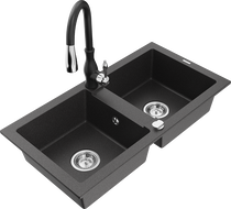 Mexen Mario 2-compartment granite sink with a kitchen mixer tap Savita, spotted black - 6504-76-672601-70