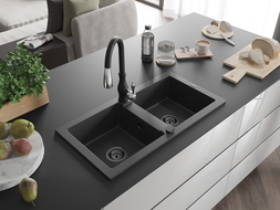Mexen Mario granite sink 2-bowl with Savita kitchen tap, black speckled - 6504-76-672601-70-B