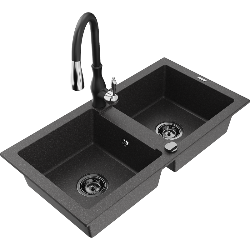 Mexen Mario 2-compartment granite sink with a kitchen mixer tap Savita, spotted black - 6504-76-672601-70-B