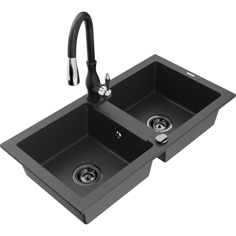 Mexen Mario granite sink 2-bowl with Savita kitchen tap, black speckled - 6504-76-672601-70-B