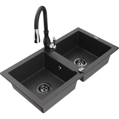 Mexen Mario granite double-bowl sink with Savita kitchen faucet, speckled black - 6504-76-672601-70-B