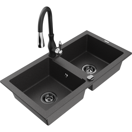 Mexen Mario granite sink 2-bowl with Savita kitchen tap, black speckled - 6504-76-672601-70-B