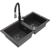Mexen Mario granite sink 2-bowl with Savita kitchen tap, black speckled - 6504-76-672601-70-B