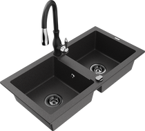 Mexen Mario granite sink 2-bowl with Savita kitchen tap, black speckled - 6504-76-672601-70-B