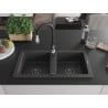 Mexen Mario granite sink 2-bowl with Savita kitchen tap, black speckled - 6504-76-672601-70-B